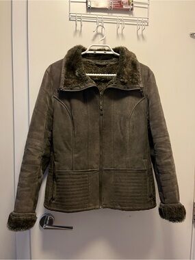 Danier Olive/Brown Suede Faux-Shearling Trim Jacket